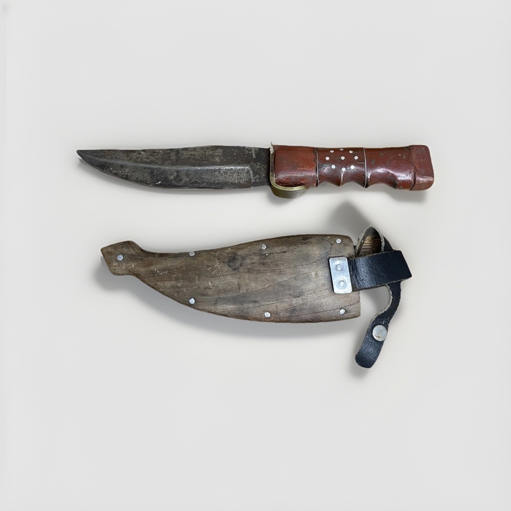 Vtg Handmade Fixed Blade Knife Wood Handle Leather Sheath Rustic Hunting